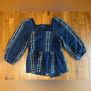 Madewell Blue and White Geometric Square-Neck Blouse